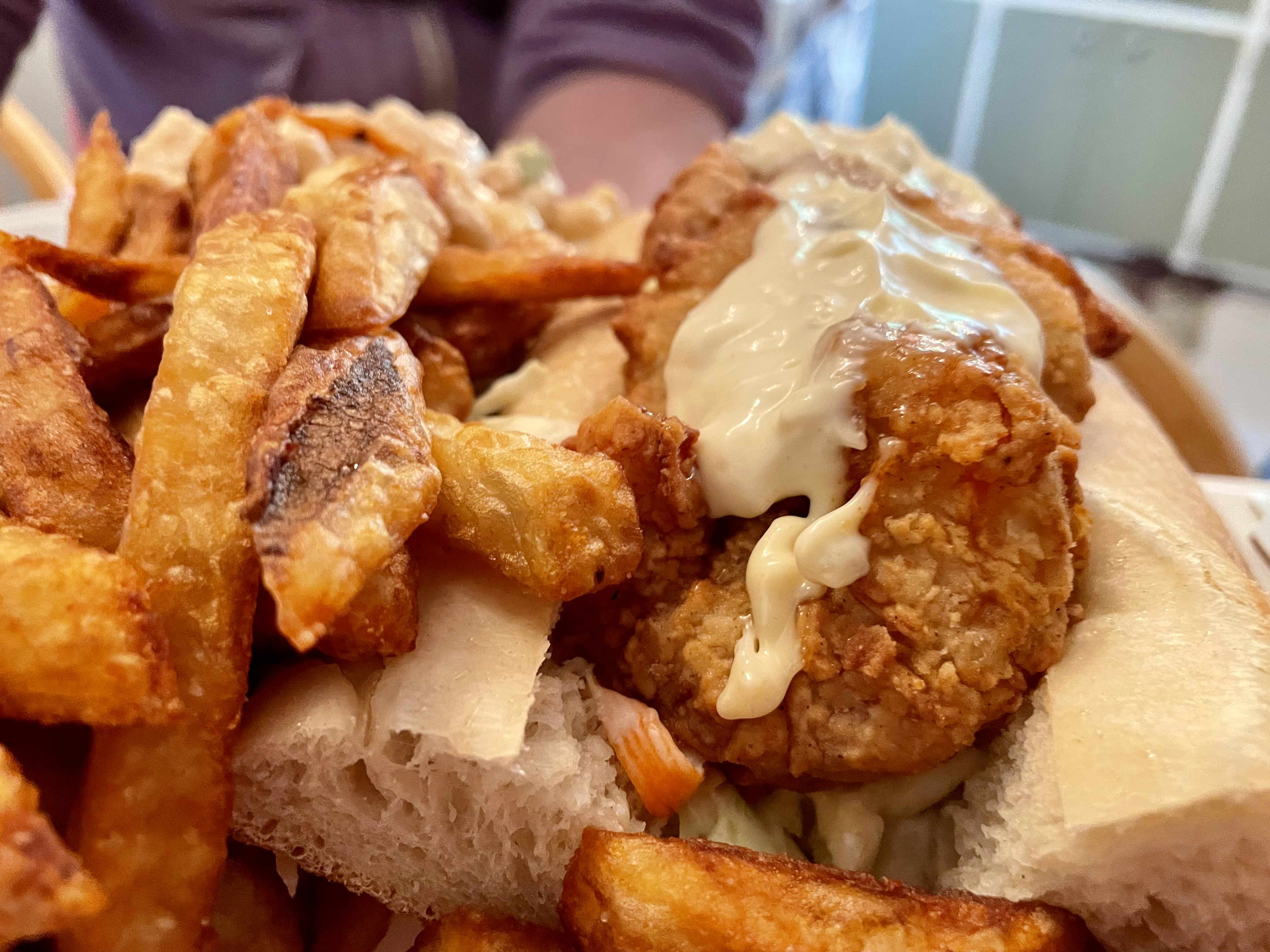 The po' boy came with remoulade—a traditional French sauce, originally made with ingredients such as mayonnaise, herbs, capers, pickles, and perhaps some anchovy oil or horseradish