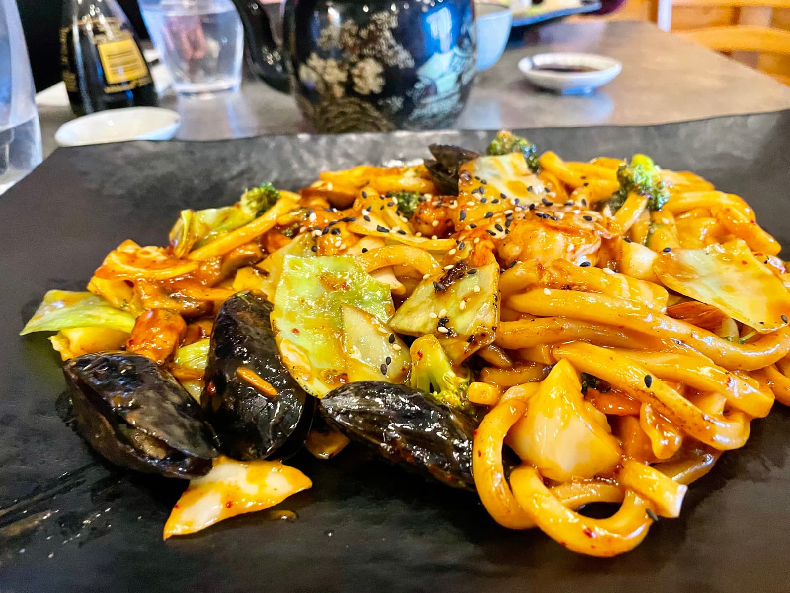 Saucy yaki noodles tossed with crunchy vegetables, grilled shrimp, and a subtle sesame finish