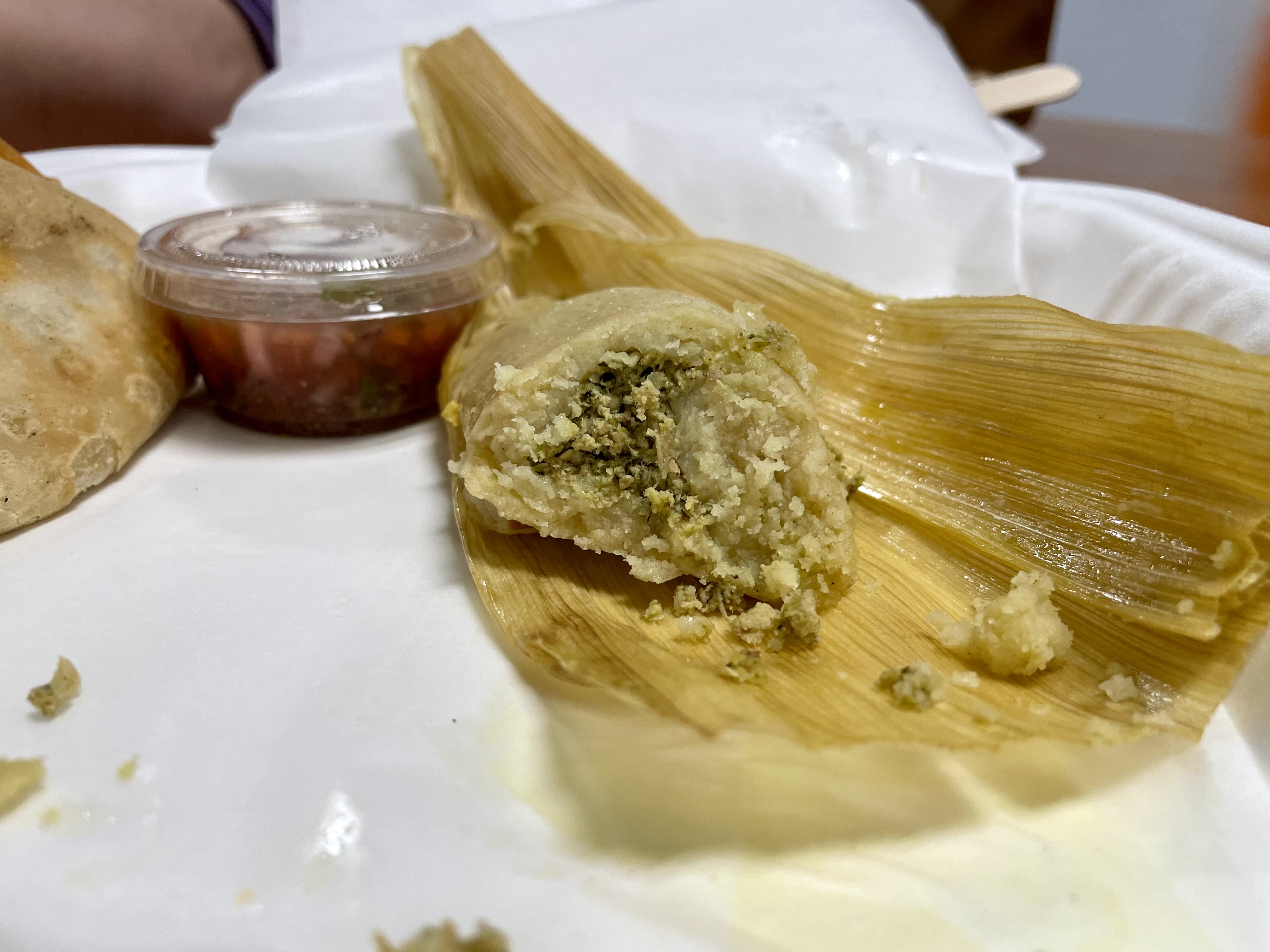 The Mexican tamale was made with corn flour, shredded chicken and prepared with mildly spicy green sauce made with tomatillos, onions, poblano chili, garlic and other spices