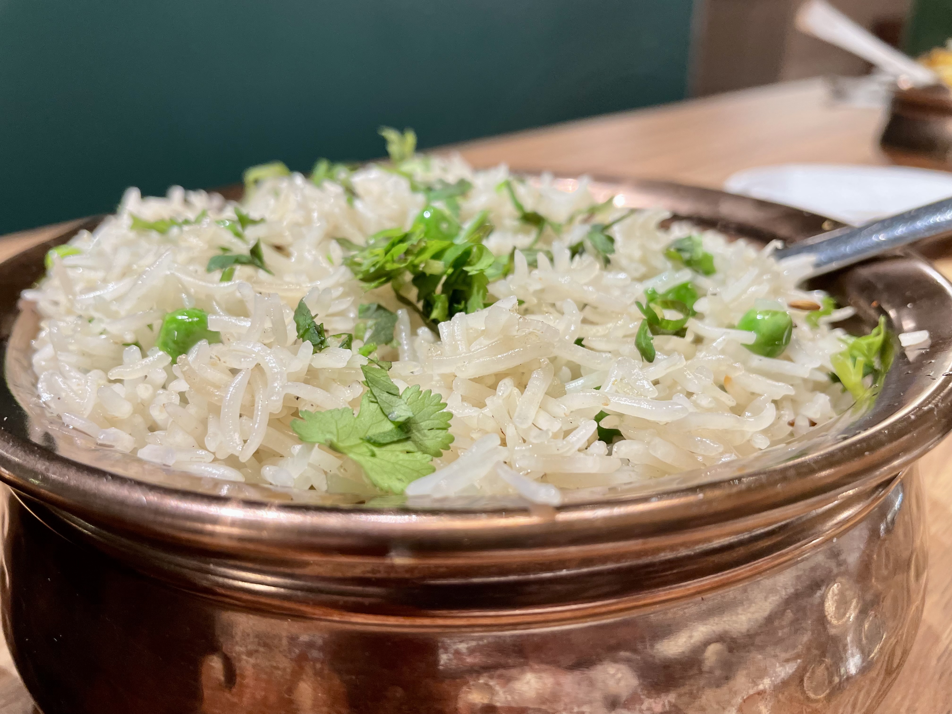 We recommend pairing the lamb rogan josh with pulao, a rice-dish made with peas and spices