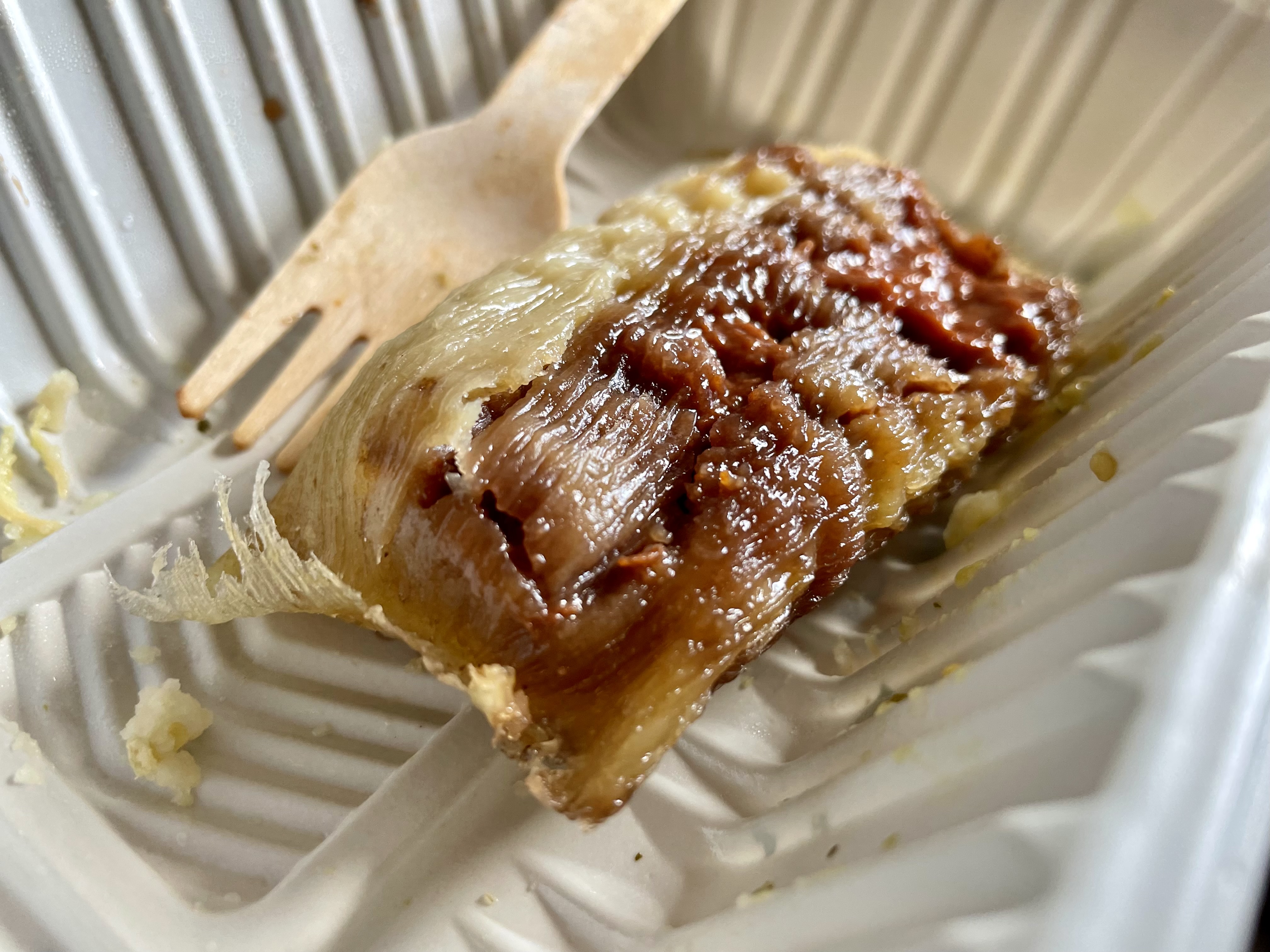 The guava tamal was made with nixtamal corn masa (dough), guava paste, cheese, baking powder, sugar and margarine